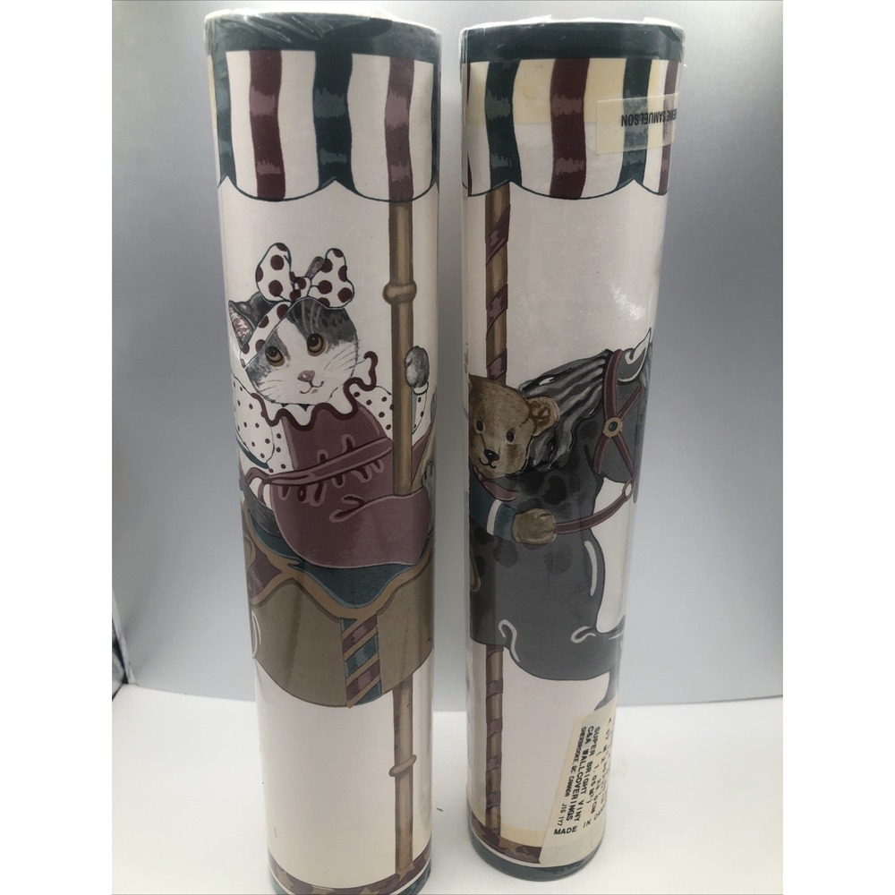 2  Vintage 9" Teddy Bear Cat Horse Carousel Wallpaper Border Adrienne Samuelson